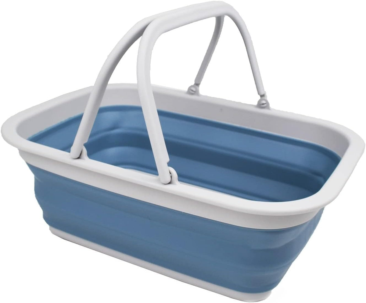 SAMMART Collapsible Tub with Handle 9.2L (2.37Gallon) - Portable Outdoor Picnic Basket/Crate - Foldable Basin for Washing Dishes,Camping,Hiking (Grey/Steel Blue, 1)