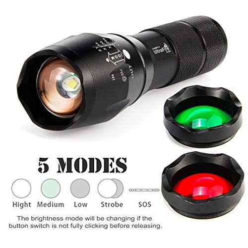ULTRAFIRE A100 Tactical Flashlight, 800 Lumens 5 Modes LED Zoomable Hunting Flashlight Torch with Duty Belt Flashlight Holster, Red/Green/White Exchange Glass