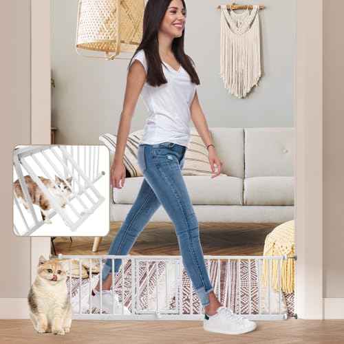 10" Height Short Dog Gate Adjustable18-48" Extra Wide Dog Gate with Small Cat Door,Pet Gate with 4 Extension Kits Pressure Mounted for Doorways & Stairs (White, 10" Height)