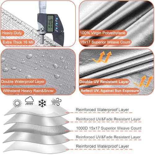 Tarp Waterproof 12x20 Ft Heavy Duty Tarp Thicker 16 Mil Large Tarps with Brass Grommets and Reinforced Edges, UV&Fade Resistant Tear Resistant Plastic Tarp for Outdoor Camping Roof Pool Tent