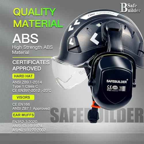 Hard Hat with Visor Ear Muffs Safety Helmet Lightweight Adjustable Vented Work Helmet 6-Point Suspension ANSI Z89.1 Approved Construction Head Protection