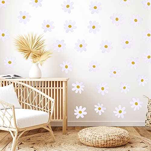 Bremorou 36PCS Retro White Daisy Flower Wall Stickers, Waterproof & Reusable Vinyl Wall Floral Decals for Kids Nursery, Bedroom, Classroom, Office Decor