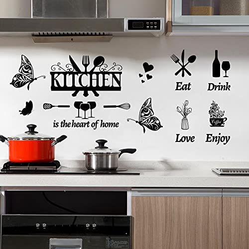 Large Kitchen Wall Decals Dining Room Quotes Wall Stickers The Kitchen is The Heart of Home Sign Decor Word Saying Lettering Wall Decals Butterfly Coffee Cup Sticker for Family Home Restaurant Decor