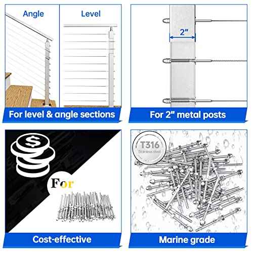 Muzata 100 Pack 1/8" Cable Railing Hardware Kit Hand Swage Threaded Stud Tensioner for 2x2 Metal Post T316 Stainless Steel Deck Cable Railing System CR23