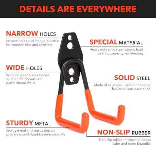 10 Pack Heavy Duty Steel Utility Wall Hooks Anti-Slip Coated - Garage Wall Mount Hanging Storage Organizer for Bikes, Ladders, Garden Tools, Skis and More