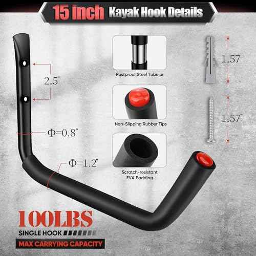 Nacial 10 Pack Garage Hooks Heavy Duty, 15" & 3.5" Kayak Storage Hooks with EVA Pads, 100LBS Capacity Large Garage Hooks for Hanging Bikes, Kayak Folding Chairs and Hanging Ladders
