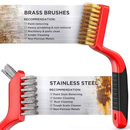 Wire Brush Set, 4-Piece - Nylon/Brass/Stainless Steel Wire Brush/Cleaning Towel with Curved Handle for Rust Removal, Stain Removal and Paint Brush Deep Cleaning - 7-Inch and 8-Inch (Red)