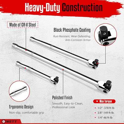 WETT 10-Piece Breaker Bar Set with 180¡Æ Rotatable Head, 1/4'', 3/8'' and 1/2'' Drive, Heavy Duty Breaker Bars with Extension Bars and Adapters, 6'', 10'' & 15'' Length, CR-V Steel