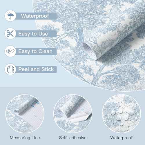 Safiyya Peel and Stick Wallpaper Blue Tree Contact Paper 78.7" x 17.3" Wall Paper Modern Forest Self Adhesive Removable Wallpaper for Bedroom Bathroom Vinyl Rolls
