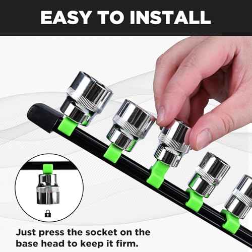 Socket Organizer Set 15PCS ABS Socket Holder Kit, 1/4-Inch x 80 Clips, 3/8-Inch x 75 Clips, 1/2-Inch x 60 Clips Socket Set Organizer, Drive Socket Tray, Socket Holders Clip Socket Rail, Green