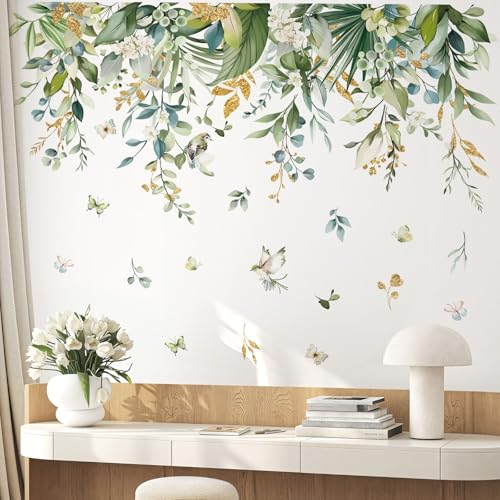 wondever Hanging Green Tropical Leaves Wall Stickers Palm Leaf Flower Plants Peel and Stick Wall Art Decals for Bedroom Living Room Sofa