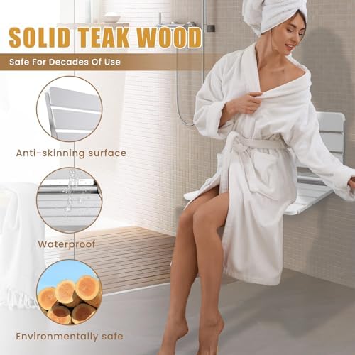 Teak Folding Shower Seat Wall Mounted, 16" Foldable Shower Bench, 400lbs Max Load, Space-Saving Fold Down Design for Seniors, Elderly & Small Shower Spaces (White, 16 inchs)