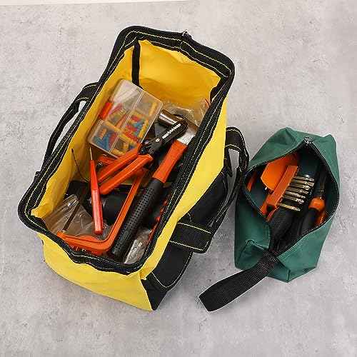 Sanwuta 9 Pcs Tool Bag for Men 3 Heavy Duty Wide Mouth Tool Bags and 6 Small Waterproof Pouch Tote for Electrician Carpenter Mechanic Father's Day Christmas Gifts(13 Inch,Blue Red Yellow)