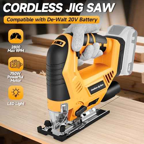 Jig Saw Compatible with Dewalt 20V Max Battery (No Battery), Cordless Jig Saw Brushless Jigsaw Tool with LED Light, 0¡Æ- 45¡Æ Bevel Cuts, 3 Orbital Settings for Straight/Curve/Circle Cutting