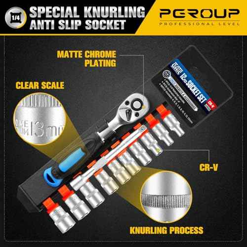 12PCS 1/4" Drive Metric Socket Wrench Set, 90-Tooth Reversible Ratchet Handle£¬6 Point Shallow Sockets (4-13mm) and Extension Bar 4", CR-V Steel, Tool Set For Car,Motorcycle,Bike Repair