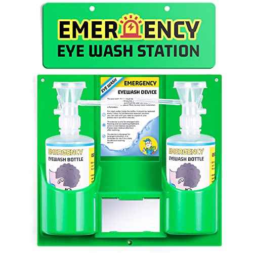Eye Wash Station Portable Eye Wash Kit for Emergency, Emergency Eye Wash Station with Two Bottles of 16 Ounce, Wall Mount Eyewash kit with Mirror & Emergency Sign, Personal Use, No Liquid