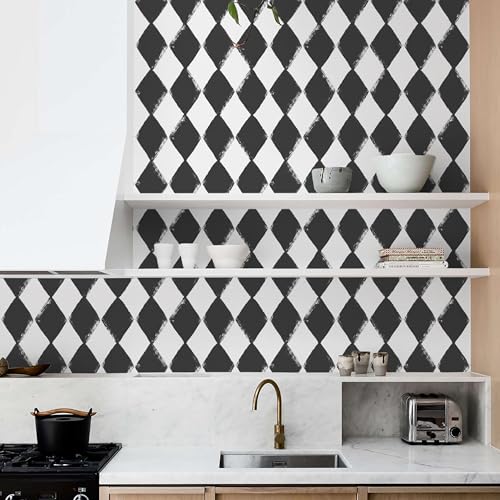 Rugreat Modern Peel and Stick Wallpaper Black and White Geometric Contact Paper for Cabinet Self Adhesive Removable Wallpaper for Bedroom Bathroom Waterproof Black Contact Paper Rhombus 78.8inL17.3inW