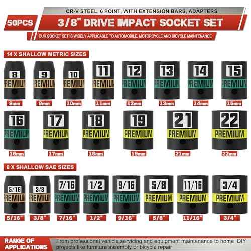 3/8" Drive Impact Socket Set, 50-Piece Standard SAE 5/16 to 3/4 inch and Metric 8-22mm, Cr-V Steel, 6 Point, with Extension Bars and Adapters,for Impact Wrenches, Automotive and Home