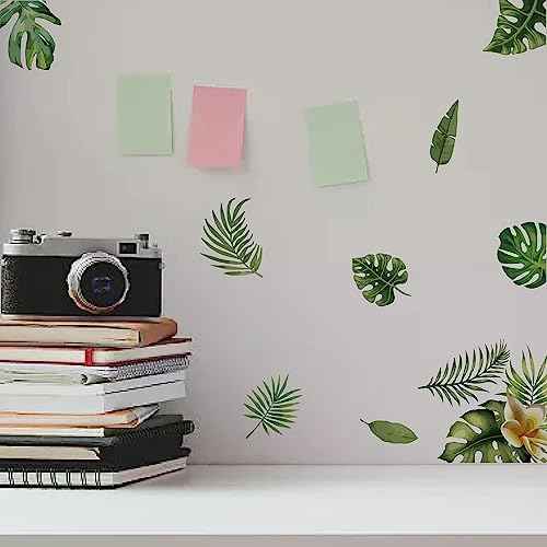CRASPIRE 8 Sheets Green Leaf Window Stickers Tropical Leaves PVC Waterproof Self Adhesive Summer Wall Decals Natural Palm Plant Rectangle Removable for Stairway Home Decoration TV Wall Art