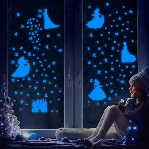 Glow in The Dark Princess Castle Wall Sticker, Self-Adhesive Star Butterfly Wall Decal for Girl's Room, Fluorescent Sticker for Ceiling Nursery (Blue)