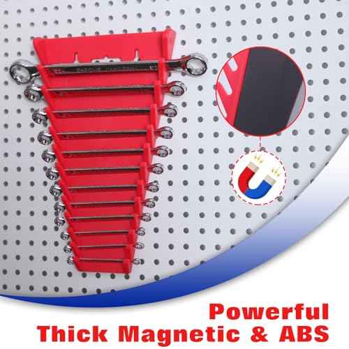 4Pack Magnetic Wrench Organizer for Tool Box, 48 Slots Wrench Rack Tool Trays for SAE(1/4"- 1-1/16") and Metric(6mm-24mm) Wrench Storage, Wrench Holders Combination Wrench Organizer, Red&Blue