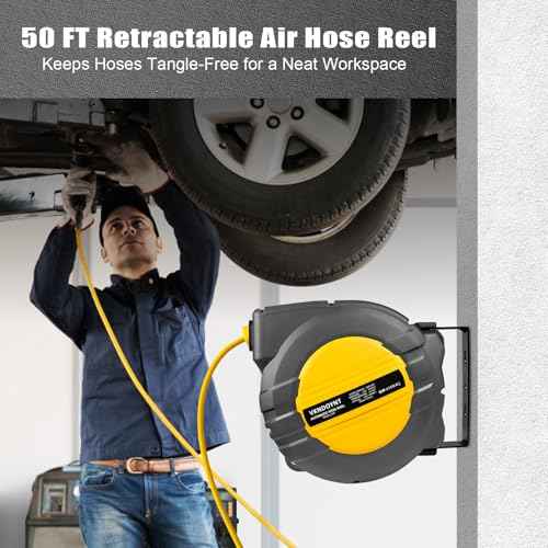 Vkndoynt Retractable Air Hose Reel, 1/4 IN x 50 FT Hybrid Polymer Hose, Auto Rewind, Wall Mount, Dark Gray/Yellow
