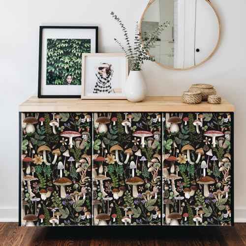 Simon&Siff Mushroom Peel and Stick Wallpaper Black Boho Contact Paper Removable Self Adhesive Wall Paper for Bedroom Bathroom Cabinet Countertop 17.3" x 80"