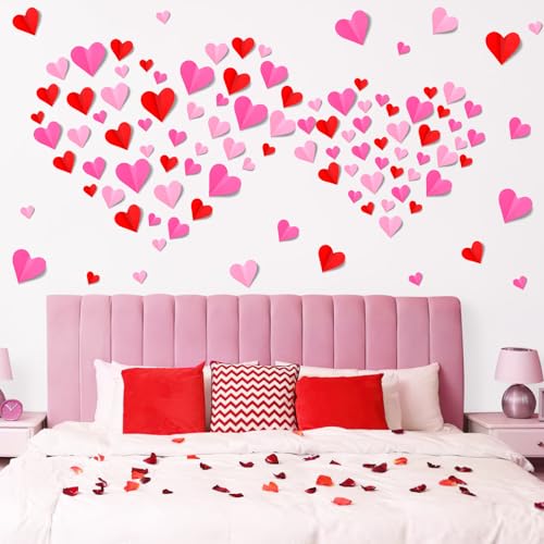 NOVWANG 120 PCS Valentines Day Wall Decorations, 3D Heart Red Rose Pink Valentine Wall Stickers Wall Decals, for Wedding Anniversary Party Bedroom Home Office Nursery Elementary Classroom Decor
