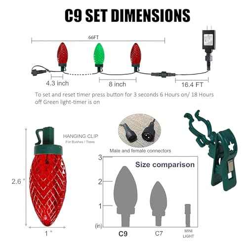 TW SHINE C9 Christmas Lights, 100 LED 66 FT Christmas String Lights Outdoor with 100 Spring Clips and Timer, Waterproof Connectable for Indoor Yard Xmas Tree House Decorations (Red & Green)