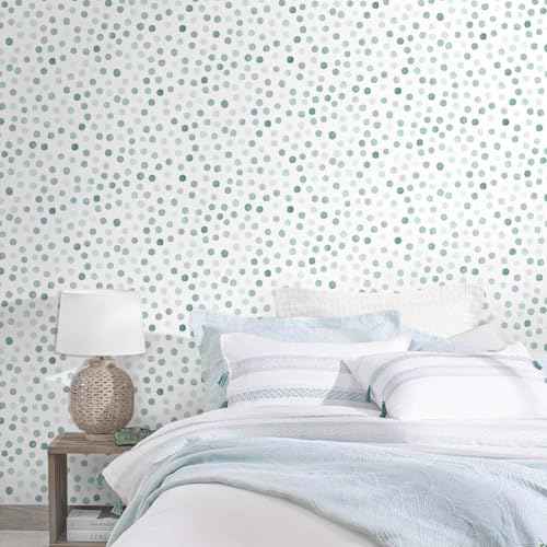 Dimoon 17.3''x78.7'' Peel and Stick Wallpaper Blue Green Boho Contact Paper Modern Polka Dot White Wallpaper Removable Self Adhesive Wall Paper Renter Friendly Bathroom Kitchen Vinyl Roll