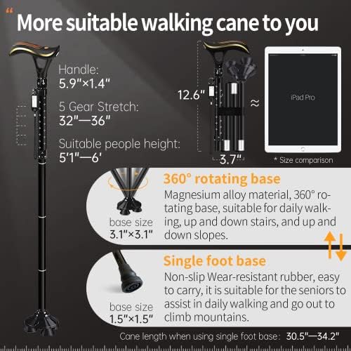 Folding Cane, Smart Alarm Foldable Cane with Light, Fashion Walking Cane for Women&Men, Adjustable Canes for Seniors, USB Direct Charging, Lightweight and Portable