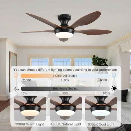 Ceiling Fans with Lights, 46 Inch Low Profile Ceiling Fan with Light and Remote Control, Flush Mount 6 Speeds Reversible Ceiling Fan, Dimmable Noiseless Ceiling Fans for Bedroom, Brown