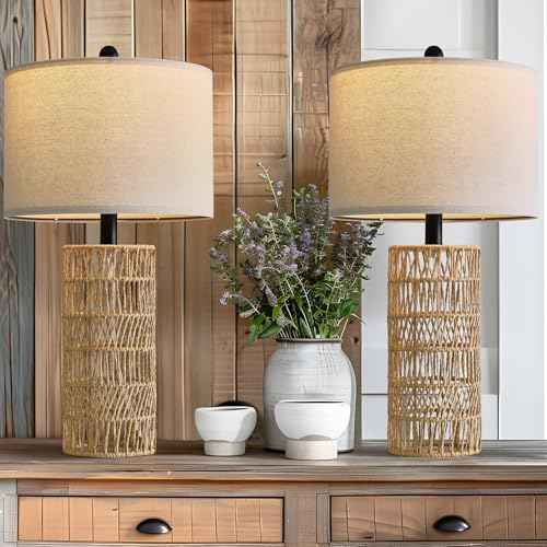 OYEARS 22.5" Boho Table Lamps Set of 2 for Living Room, Bedside Lamp for Nightstands, Rattan Lamp for Bedroom, Farmhouse Table Lamp for Room Decor, End Table, Retro, Brown£¨Not Include Bulbs£©