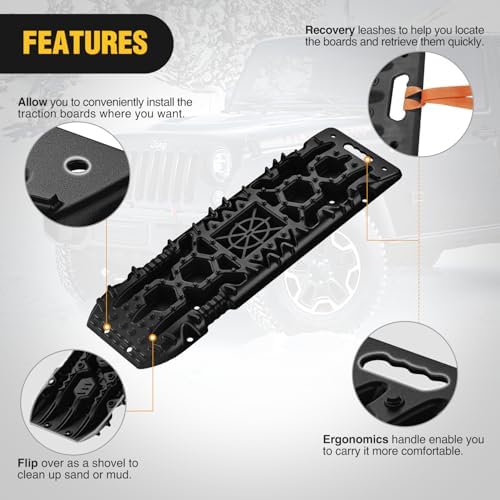 Nilight Recovery Off-Road Traction Boards with Jack Lift Base Emergency Tire Ladder Mats for 4WD 4X4 Mud Sand Snow with 2PCS Mounting kit Carry Bag 2 leashes (Black)