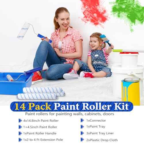 18 Inch Paint Roller Kit, 14 Pack Paint Roller Set with 2-4 Ft Extension Pole, Paint Tray Liners with Plastic Sheeting for Painting Walls Ceilings House Corner Stain