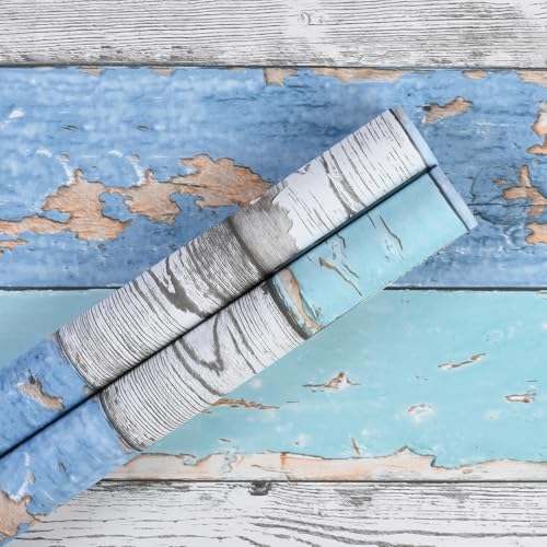 Caltero Wood Plank Wallpaper 17.7" ¡¿ 118" Blue Distressed Wood Wallpaper Peel and Stick Wood Grain Contact Paper Vintage for Furniture Bedroom Countertop Cabinet