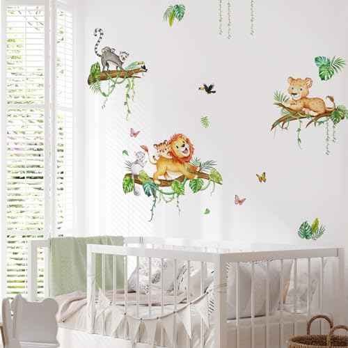 Tanlaby Jungle Animals Wall Decals Forest Lion on Tree Branches Wall Stickers Peel and Stick Cartoon Art Decor for Baby Nursery Kids Bedroom Playroom Daycare Classroom