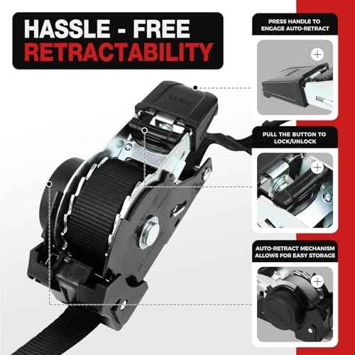 Retractable Ratchet Straps with Soft Loops (4 Pack)-(1,500lb Break Strength)-1 Inch x 12 Feet Heavy Duty Auto Self Retracting Tie Down Strap for Truck, Cargo Trailer, Motorcycle, Rad & More