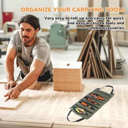 Tool Roll Bag, Canvas Tool Bag with 5 Zip Pockets - Multi-Purpose Tool Organizer for Plumbers, Electricians & Craftsmen - Army Green