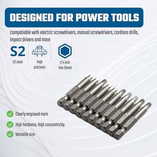 Square Head SQ2 Screwdriver Bit Set 10PCS 1/4 Inch Hex Shank 2 Inch/50 mm Length S2 Steel with Magnetic for Power Screwdriver Drill Impact Driver