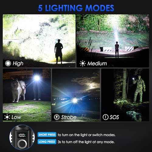 Flashlights High Lumens Rechargeable, 90,000 Lumen Super Bright Tactical Flashlight, High Powered Flash Light with 5 Modes, IPX7 Waterproof Flashlights for Home, Camping, Emergencies