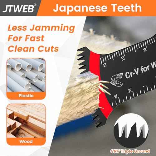 JTWEB Japanese Tooth Oscillating Saw Blades Wood, 12PCS Standard & Extra-Long Reach Arc-Shaped Edge Multitool Blades Clean Cut for Wood, Plastic, Power Oscillating Tool Blade Multi Tool Blades Kits
