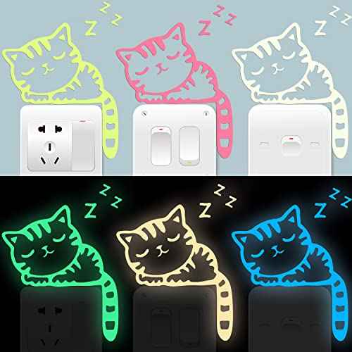 6 Sheets Removable Switch Stickers Luminous Light Switch Decals Glow in The Dark Adorbale Cat Pet Animal Wall Stickers Cartoon Cat Dog PVC Wall Stickers for DIY Home Decor Switch Decoration