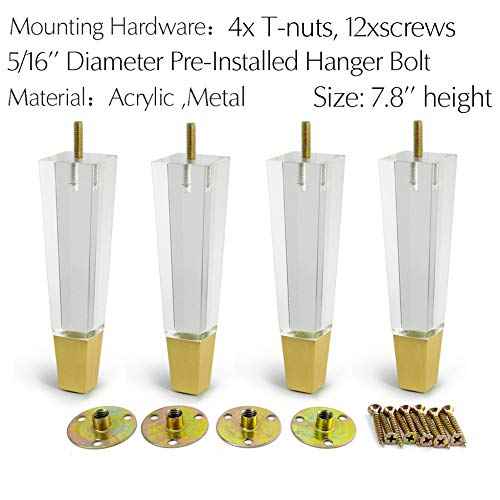 JEREVER Acrylic Furniture Legs Replacement Cabinet Feet Modern Clear Decor DIY Legs Square Style Set of 4 (7.8inch Square)