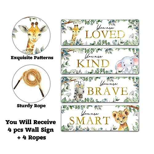 4 Pieces Kids Room Wall Decor Wooden Sign, 11.8" x 3.9" Jungle Animals Motivational Wall Art for Kids Room Nursery Playroom Classroom, You are Loved/Brave/Kind/Smart-A06