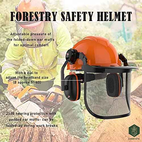GardenPal Industrial Forestry Safety Helmet and Hearing Protection System, with Mesh Face Protection, Safety Helmet with Ear Muffs, Chainsaw Helmet, Chainsaw Face Shield, (Orange)