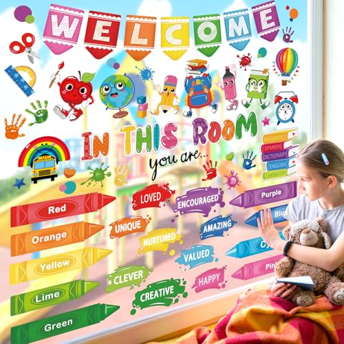 wondever Colorful Pencils Inspirational Quotes Window Clings Back to School Crayon Handprint Glass Sticker Decal Anti Collision Double-Side Static Stickers for Home Glass