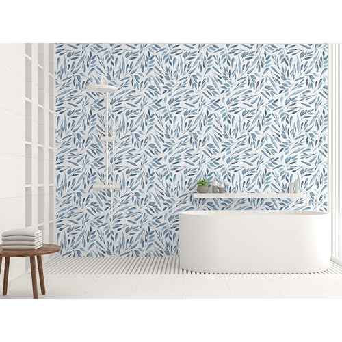 HAOKHOME Blue Wallpaper Peel and Stick Boho Leaves Removable Vinyl Self Adhesive Contact Paper17.7in x 9.8ft