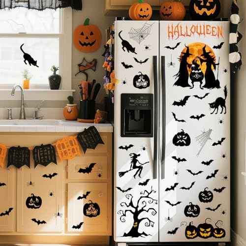 Halloween Window Clings,Halloween Witch Window Stickers,Pumpkin Ghost Wall Stickers,Pumpkin Bat Wall Decals,Spider Black Cat Decals,Tree Full Moon Decor for Party Home Room Office Kitchen