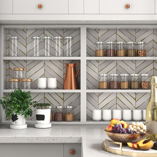 Gold and Light Gray Peel and Stick Wallpaper, Modern Geometric Contact Paper 17.3''x78.7'', Removable Herringbone Wallpaper, Geometric Striped Contact Paper Self-Adhesive for Cabinets